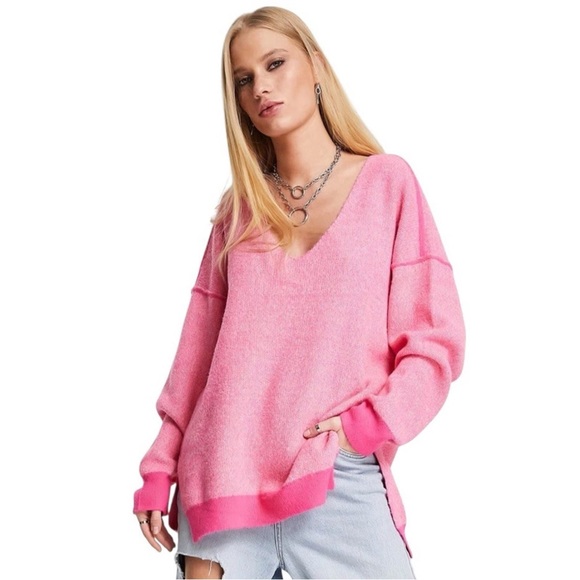 Free People Bright Pink V-Neck Sweater - Picture 2 of 6